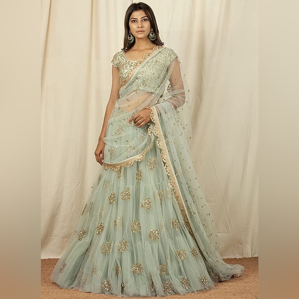 Mint Green Net Embroidered Sequins Umbrella Lehenga Wedding Wear, xs/s